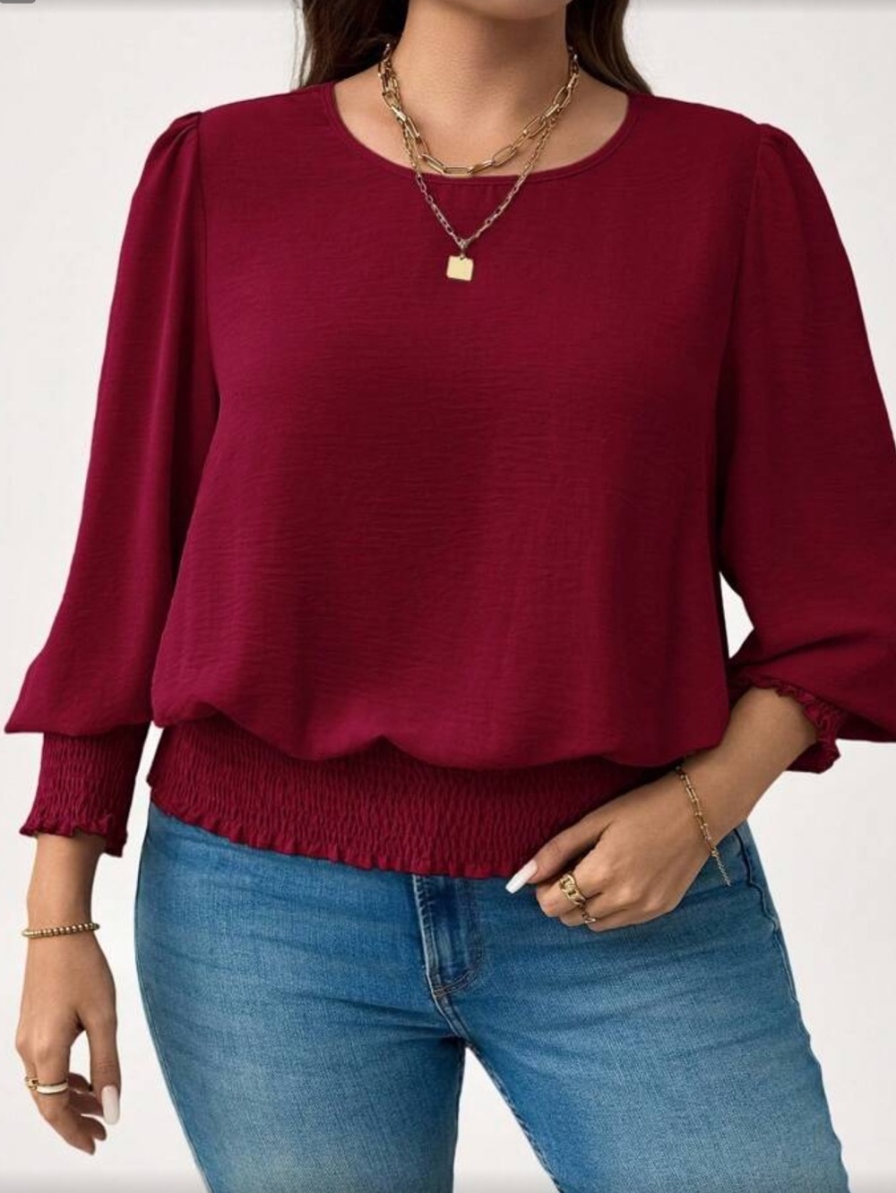 Women’s Burgundy Smocked-Hem Blouse - Stylish Everyday Top